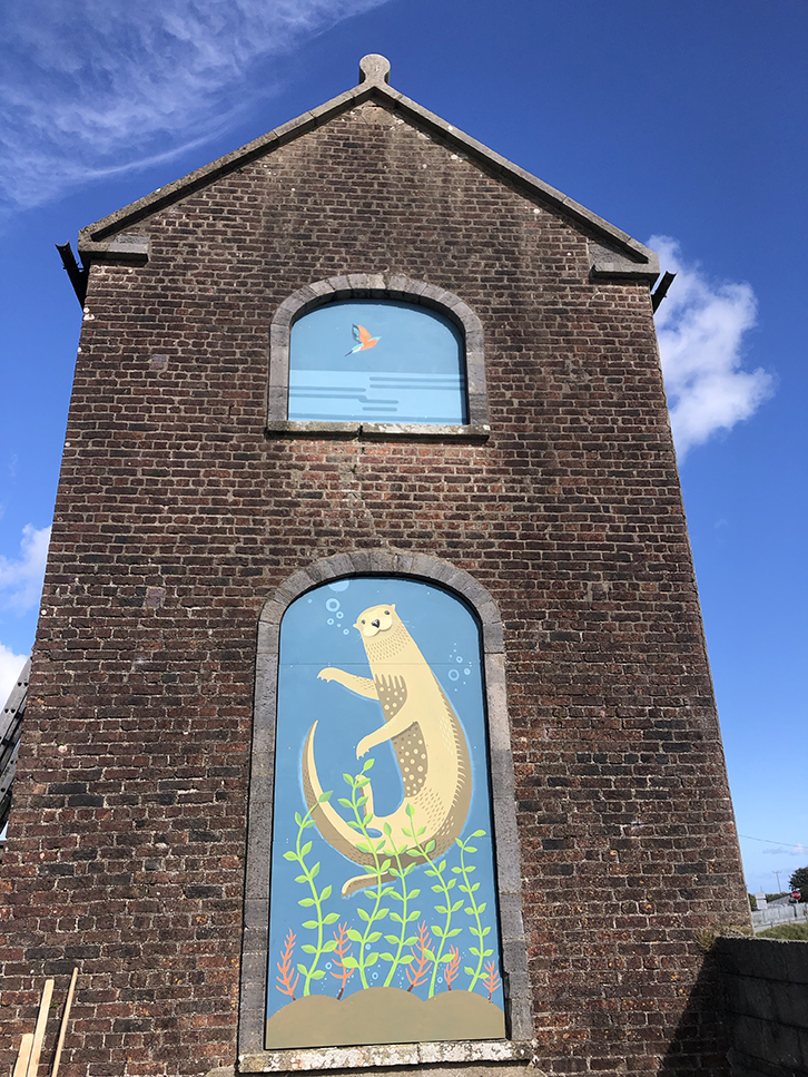 Otter & Kingfisher illustration on outdoor painted panel