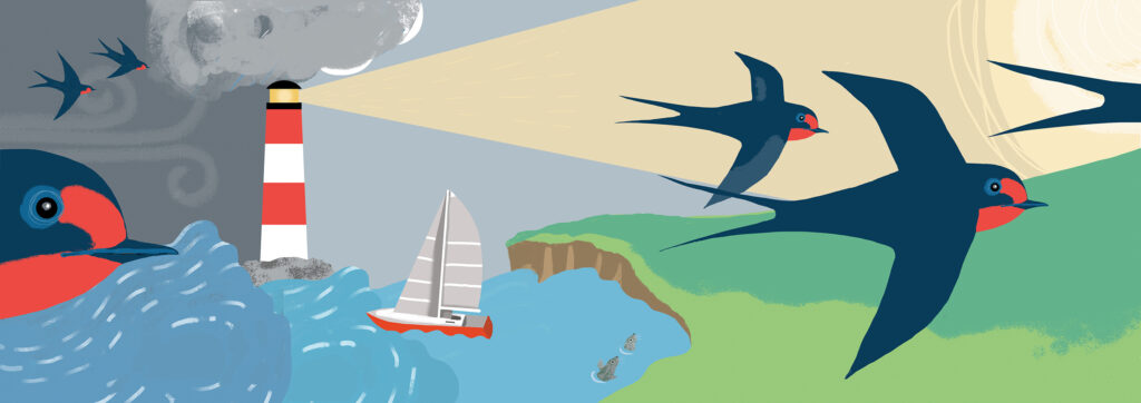 Tiny childrens book double page spread swallows