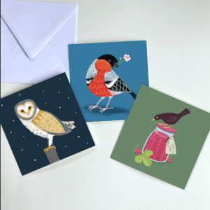 Greeting card bird designs- owl, blackbird, bullfinch